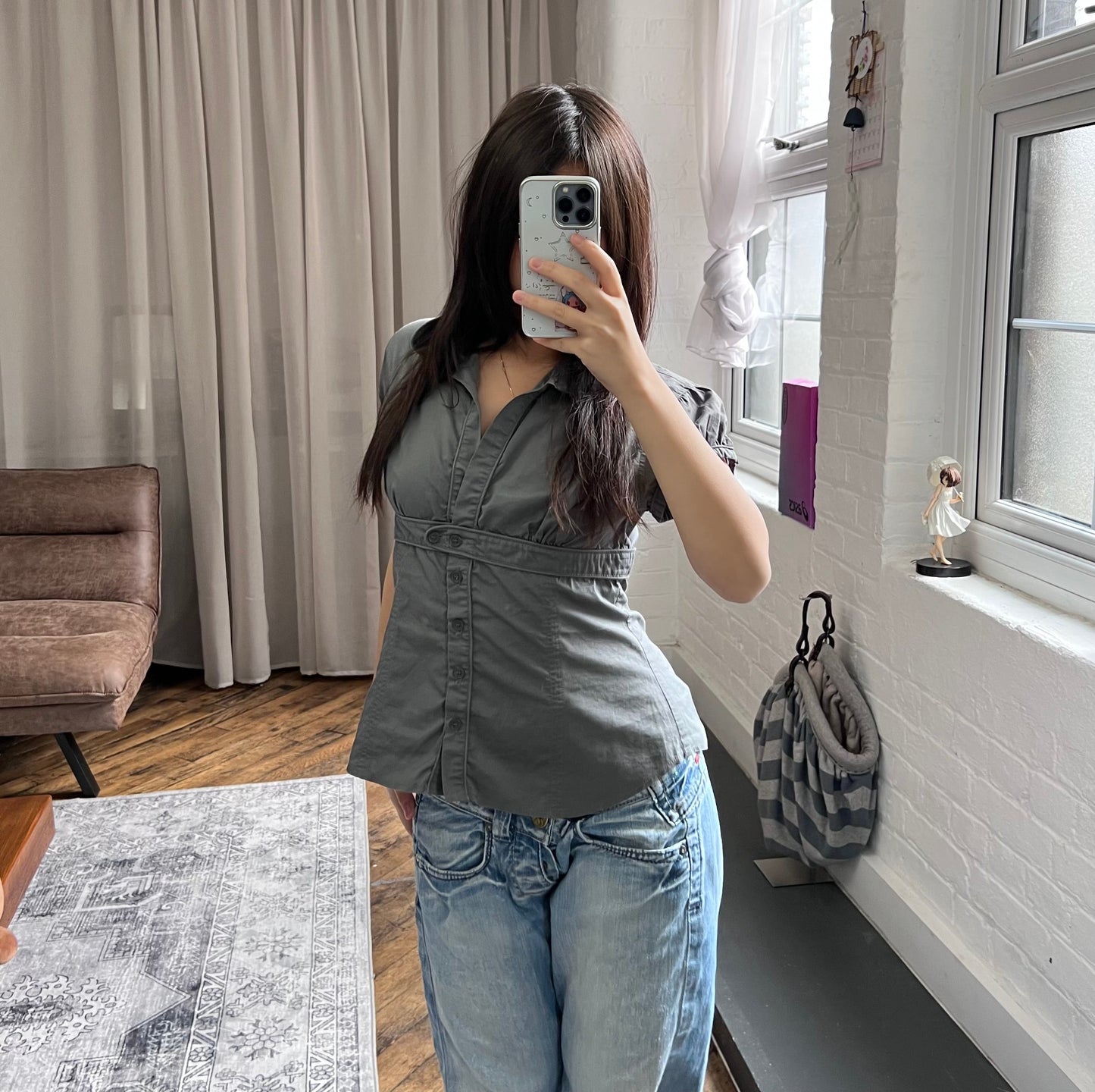 dark grey tally weiji corpcore preppy puff sleeve dual button blouson shirt