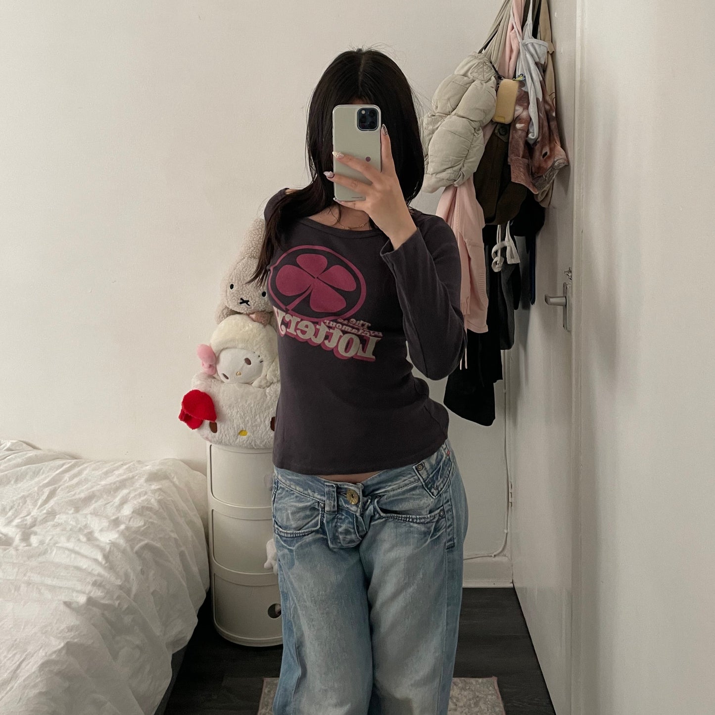 hysteric glamour 90s vintage faded purple long sleeve clover pink lottery graphic top