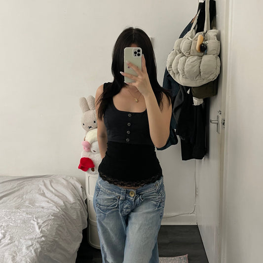 dolce & gabbana black crop vest ribbed lacey hem singlet two in one layered top