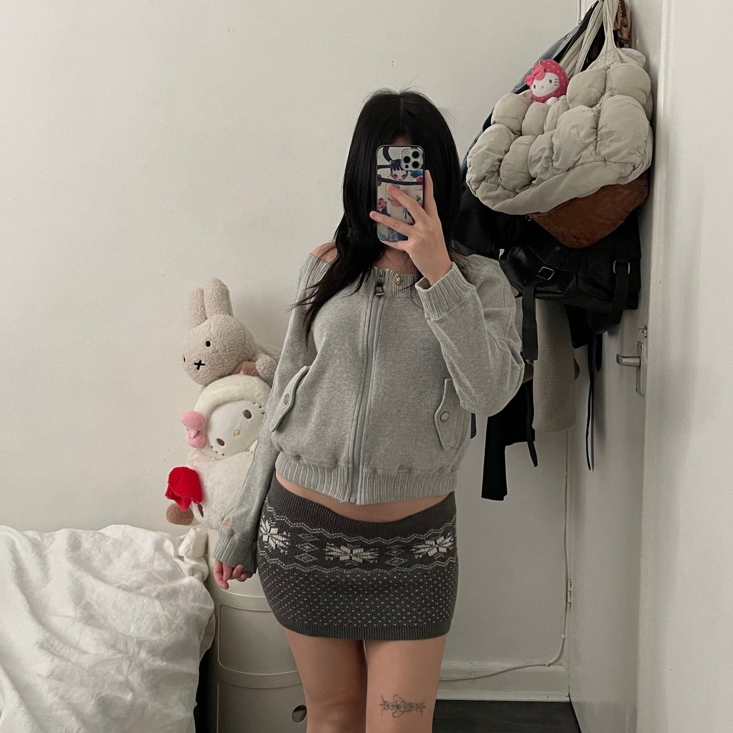 vintage 00s uniqlo grey snowflake print knit bandaeu