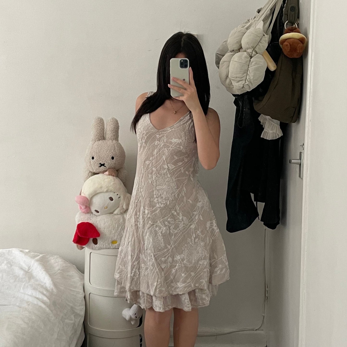 vintage ivory beige white faint floral print v neck midi dress