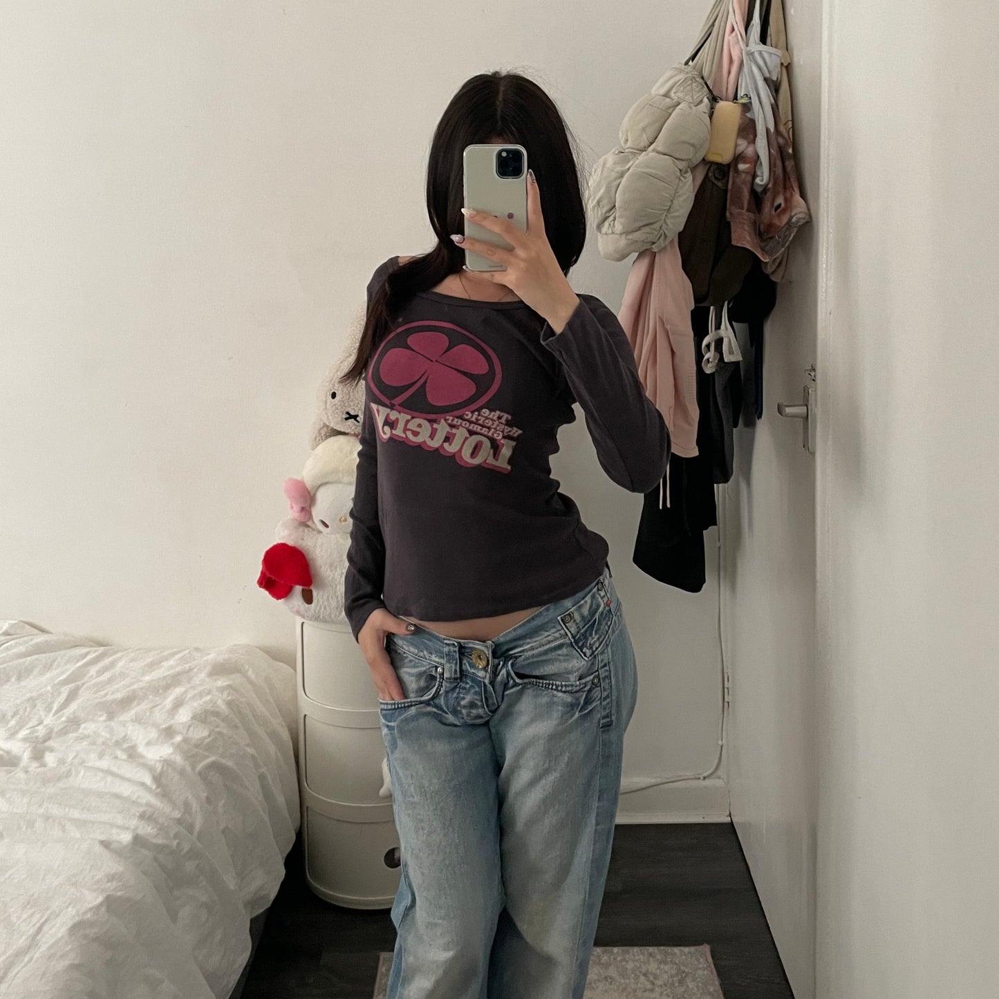 hysteric glamour 90s vintage faded purple long sleeve clover pink lottery graphic top