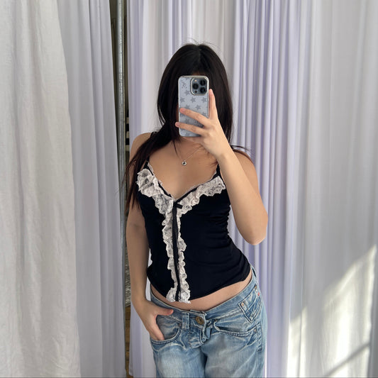 Jus D'Orange Romantic Black White Asymmetric Ruffle Lace Camisole