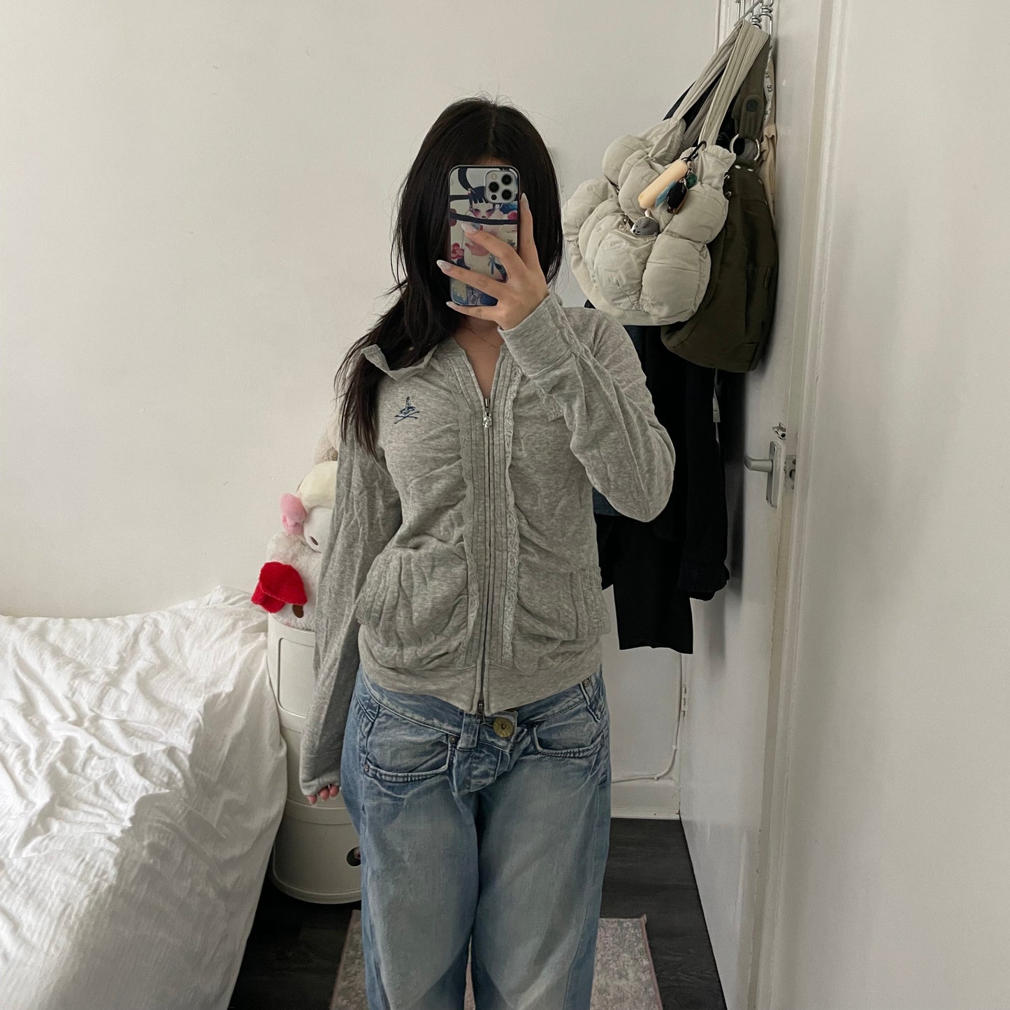 vintage hysteric glamour coquette grey lace ruched long sleeve hoodie