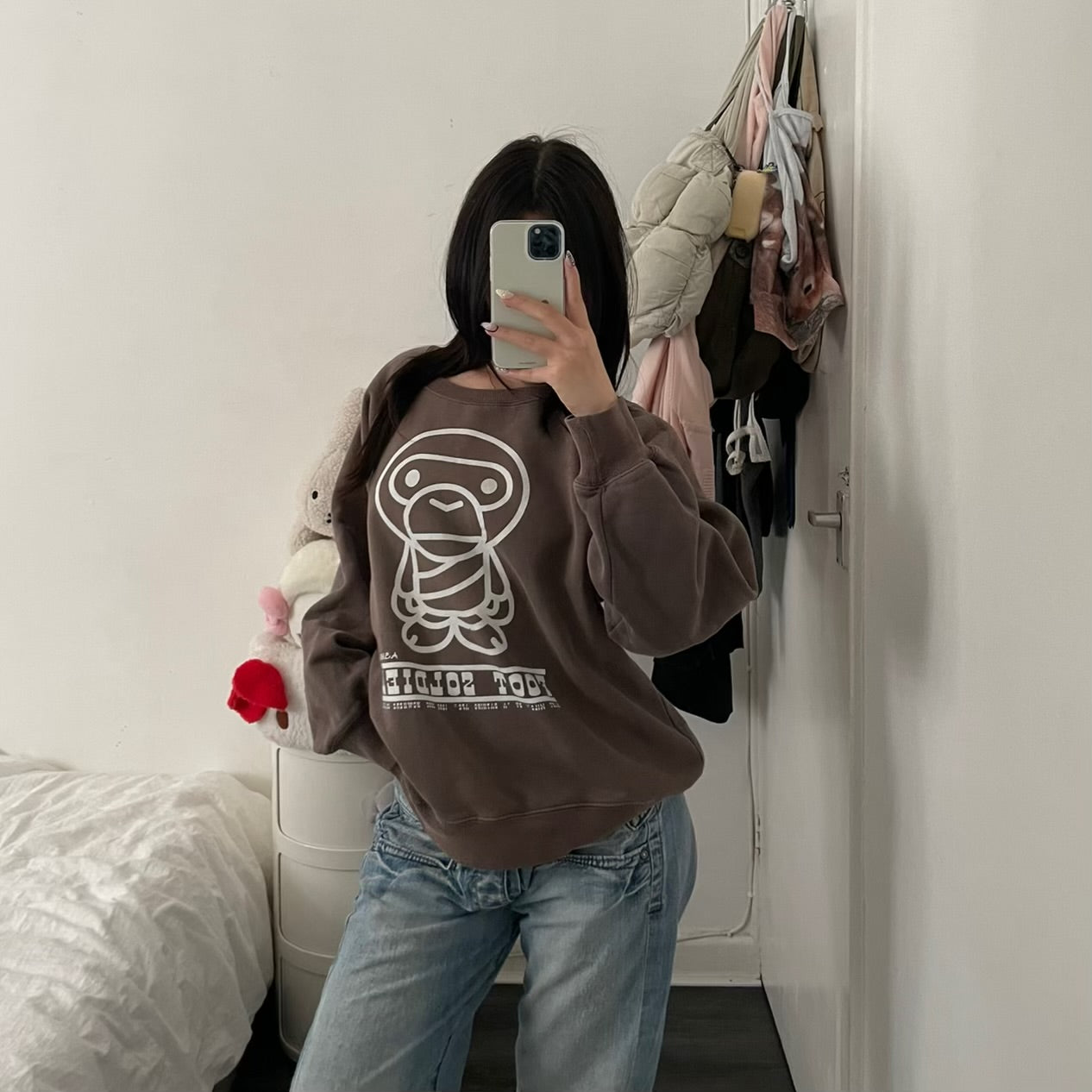 a bathing ape bape brown white western graphic text' 'foot shoulder' long sleeve crew neck jumper