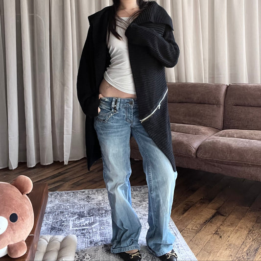 Jennyfer Black Waterfall Ribbed Collared Open Zip Accent Knit Cardigan