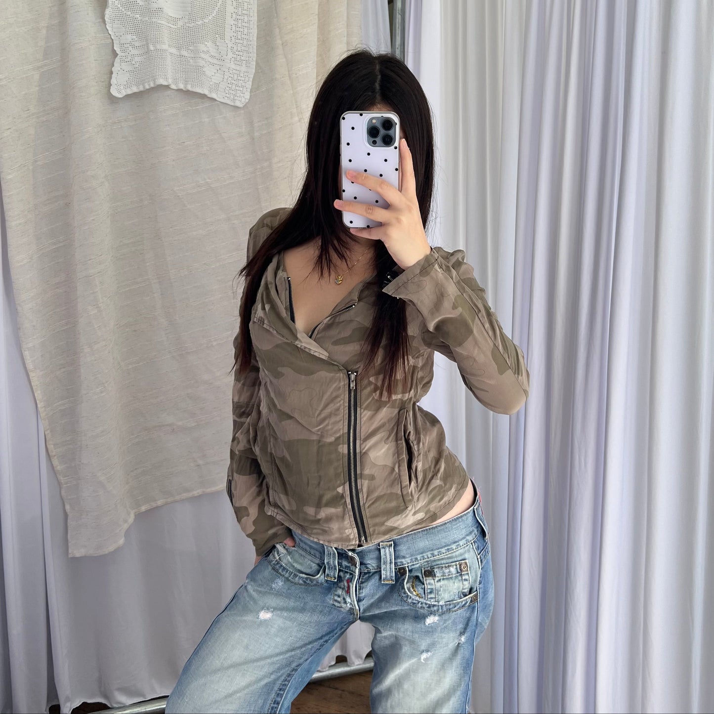 3L Khaki Camo Asymmetric Dual Zip Long Sleeve Jacket Top