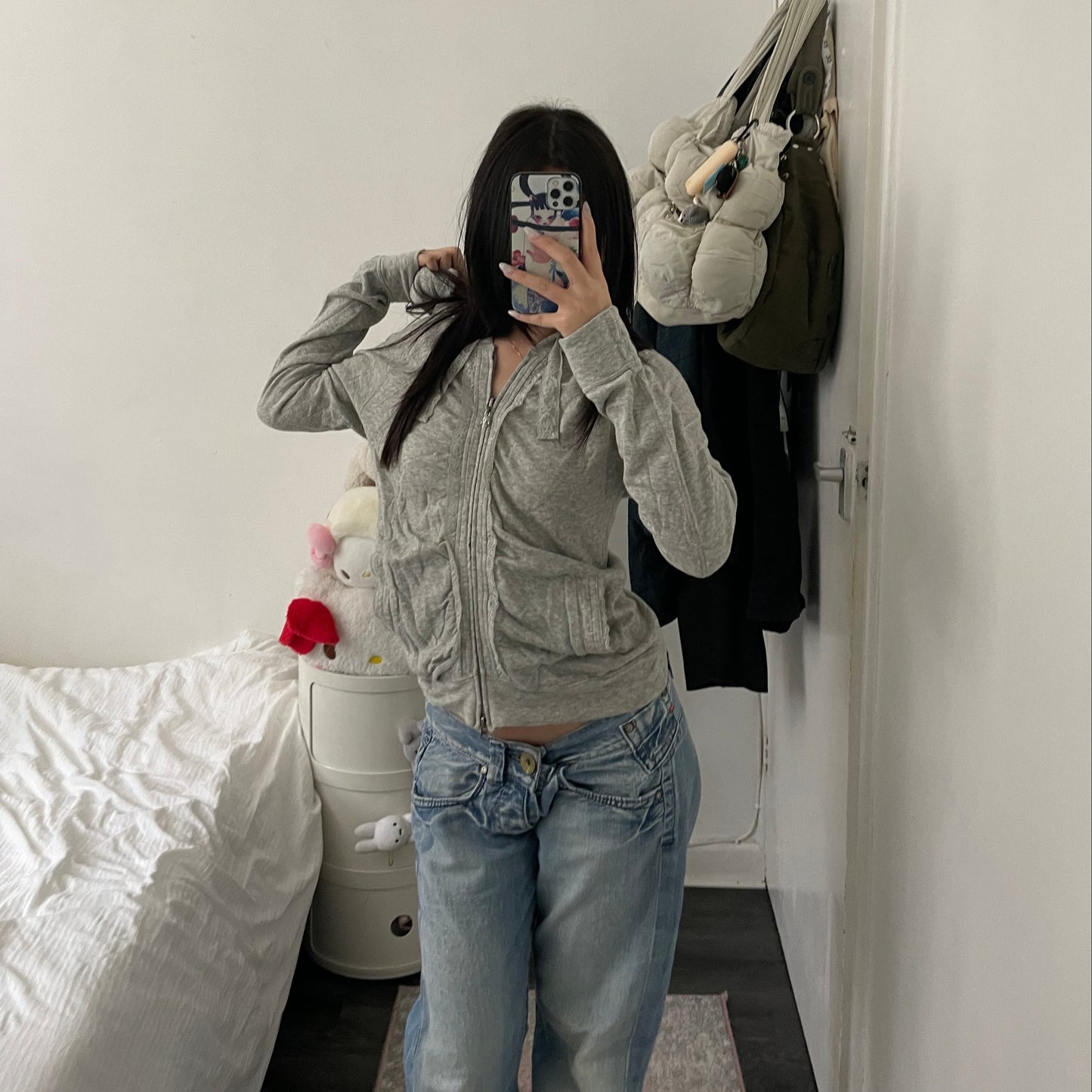vintage hysteric glamour coquette grey lace ruched long sleeve hoodie