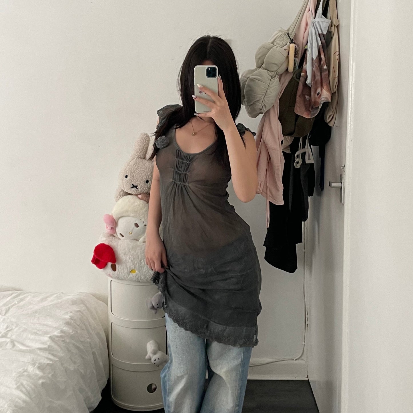 romantic grunge grey ruffle lace sleeve ruched chest rosette sheer midi dress