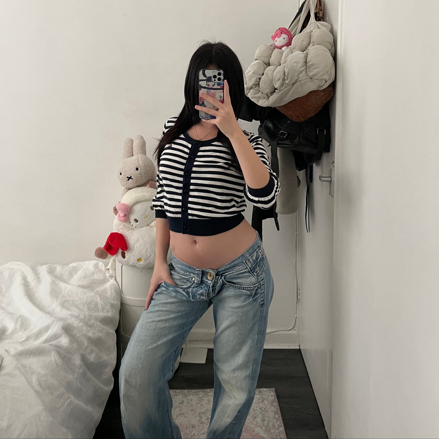 burberry blue label navy white striped puff sleeve crop cardigan