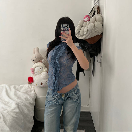 denny rose ruched bust corset flared top with ruffle trim and adjustable waist ribbon