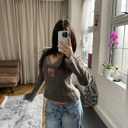 bouche a bouche brown grey long sleeve wool blend layered knit top