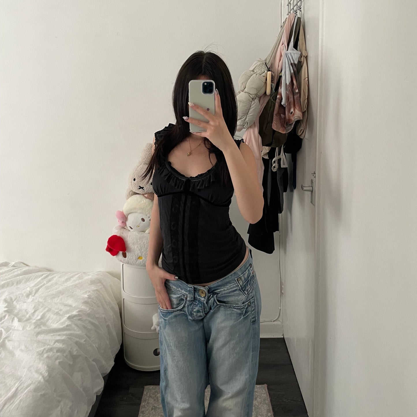 black grey ruffle coquette lacey xanaka frilly camisole top