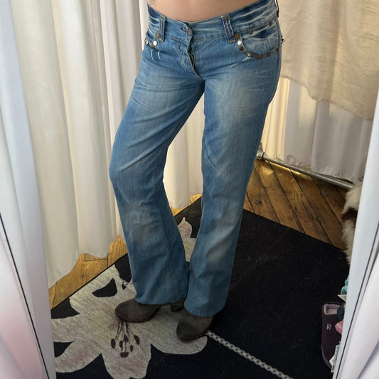 Replay Light Wash Mid Rise Studded Zip Back Straigh Leg Flared Hem Denim Jeans