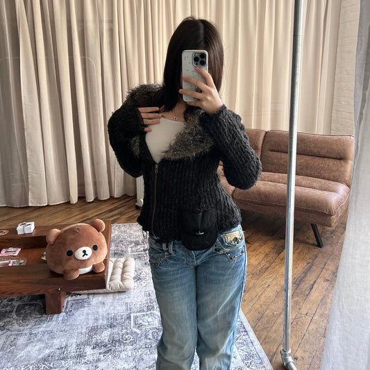 Speckled Black Fur Trim Zone Bleue Knit Long Sleeve Zip Cardigan