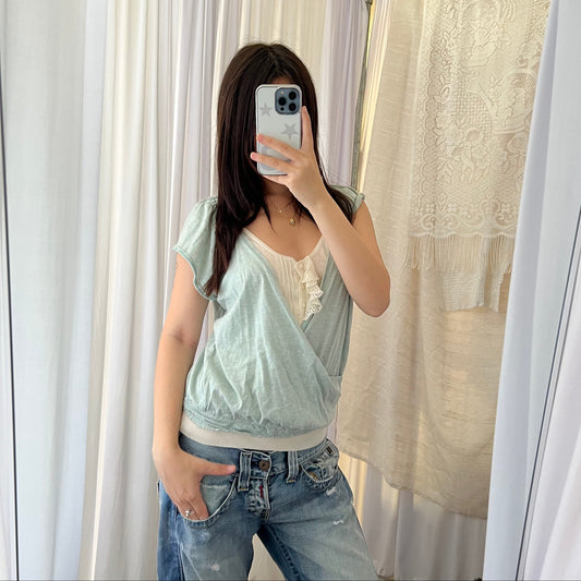 Tsumori Chisato Cotton Cashmere Mint Green Shirred Draped Wrap Style Blouson Shirt