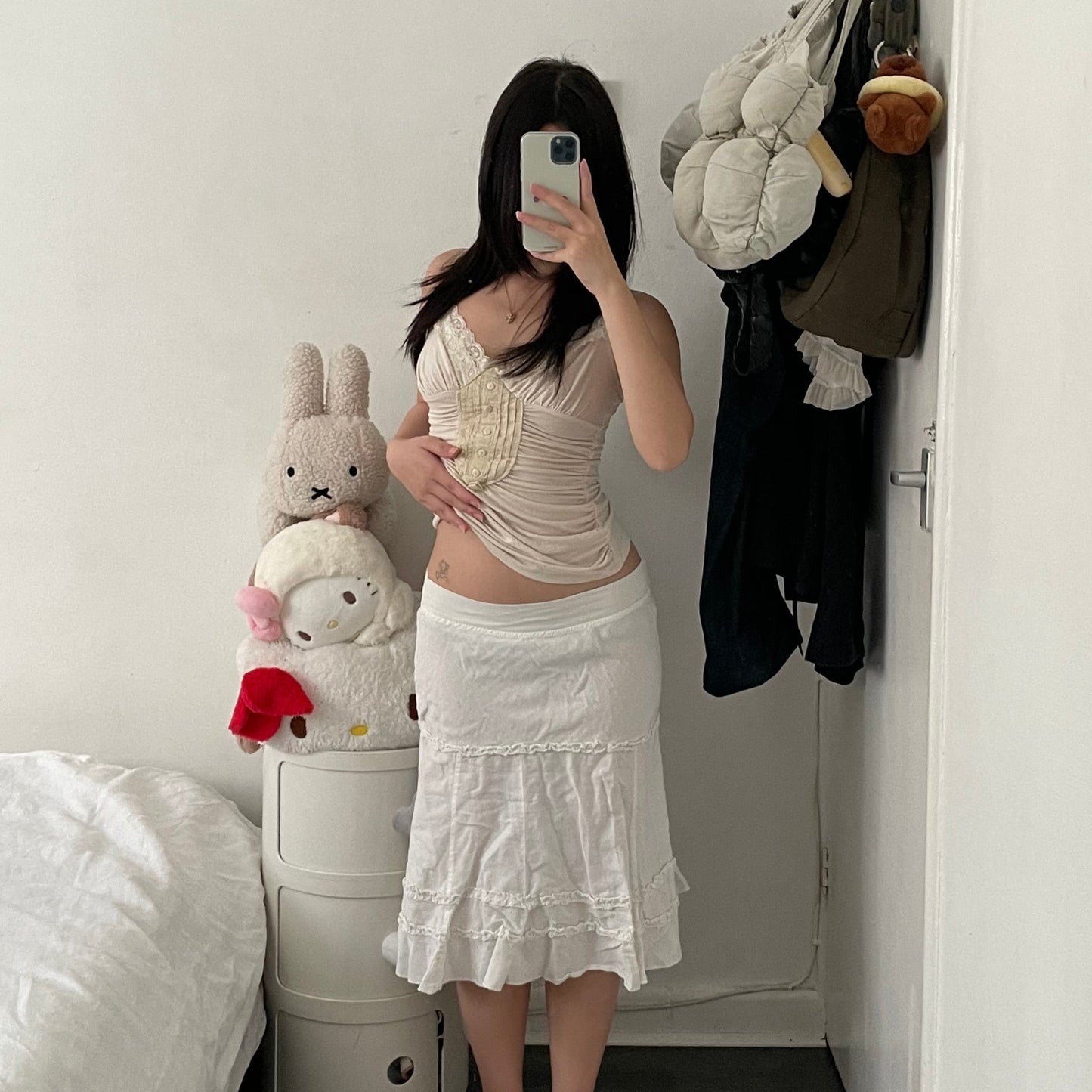 vintage linen blend white cottage prairie ruffle detail midi skirt