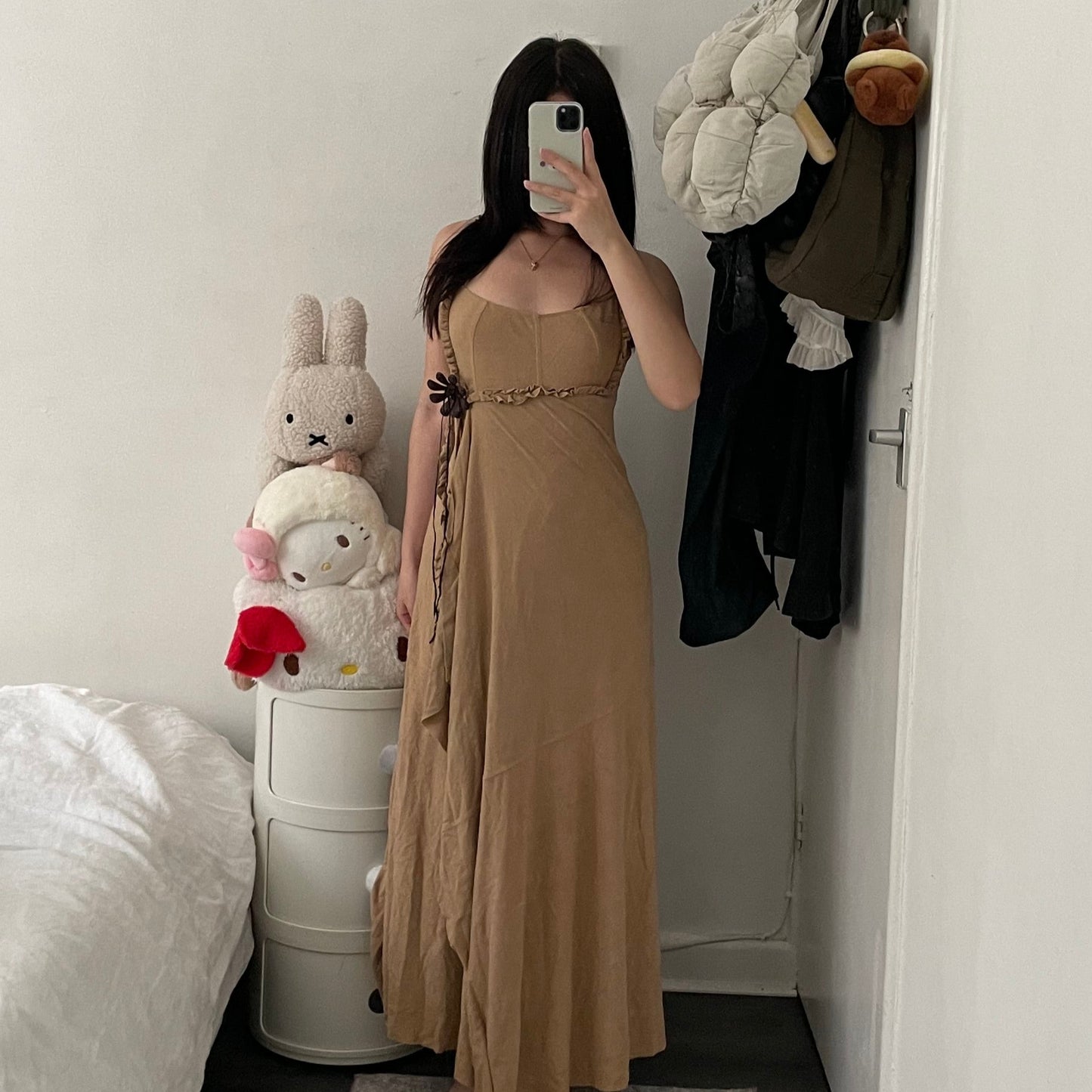 bouche a bouche faux suede brown eurosummer boho wooden flower maxi dress