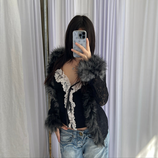 Gothic Black Lacey Morgan De Toi Fitted Faux Fur Trim Hook and Eye Cardigan Top
