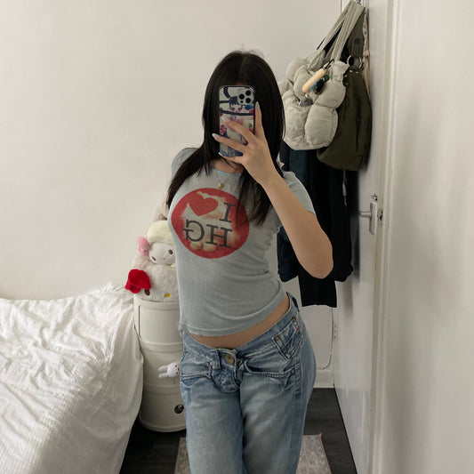 90s hysteric glamour baby blue shimmery glitter short sleeve i love hg cat print fitted shirt