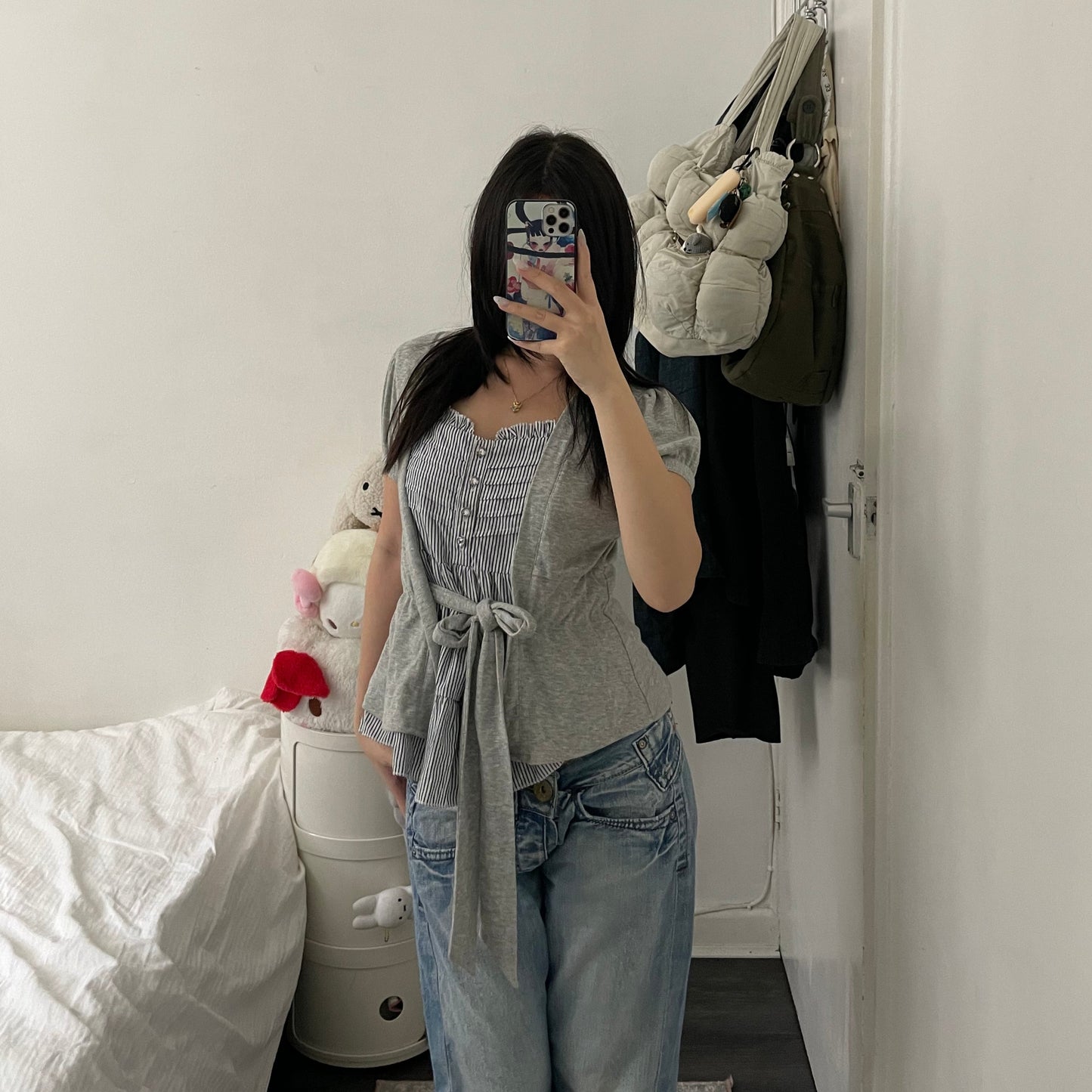 glam 2nd grey short sleeve faux layered cardigan striped babydoll top two in one