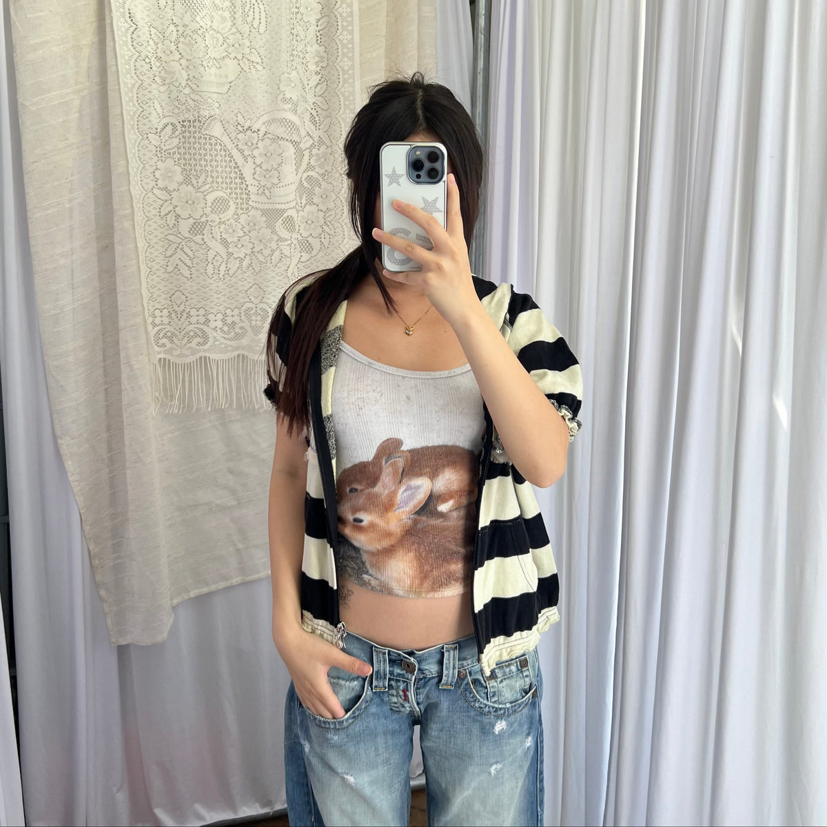 Hysteric Glamour Black Cream Striped Lucifer Ivory Pink Sequin Zip Short Sleeve Hoodie