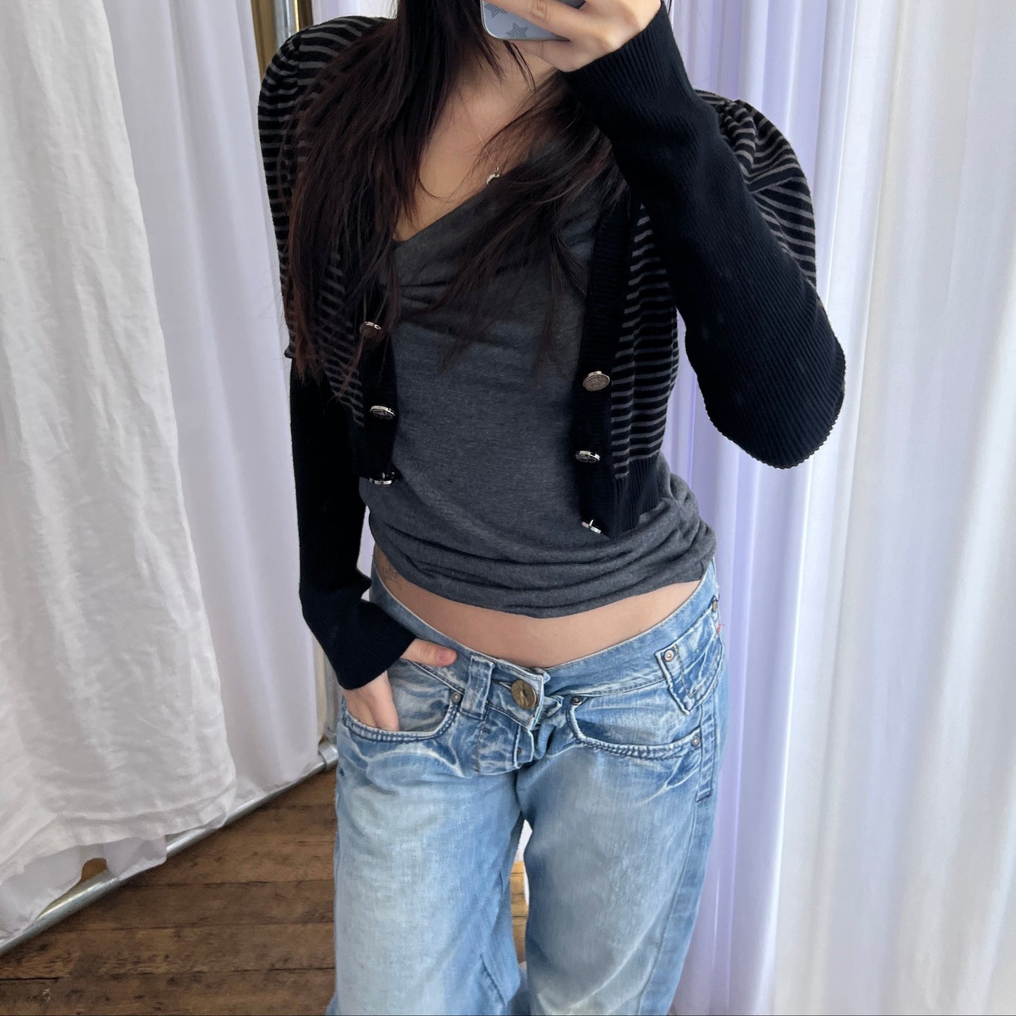 No Excuse Grey Navy Striped Puff Sleeve Cropped Fitted Cardigan