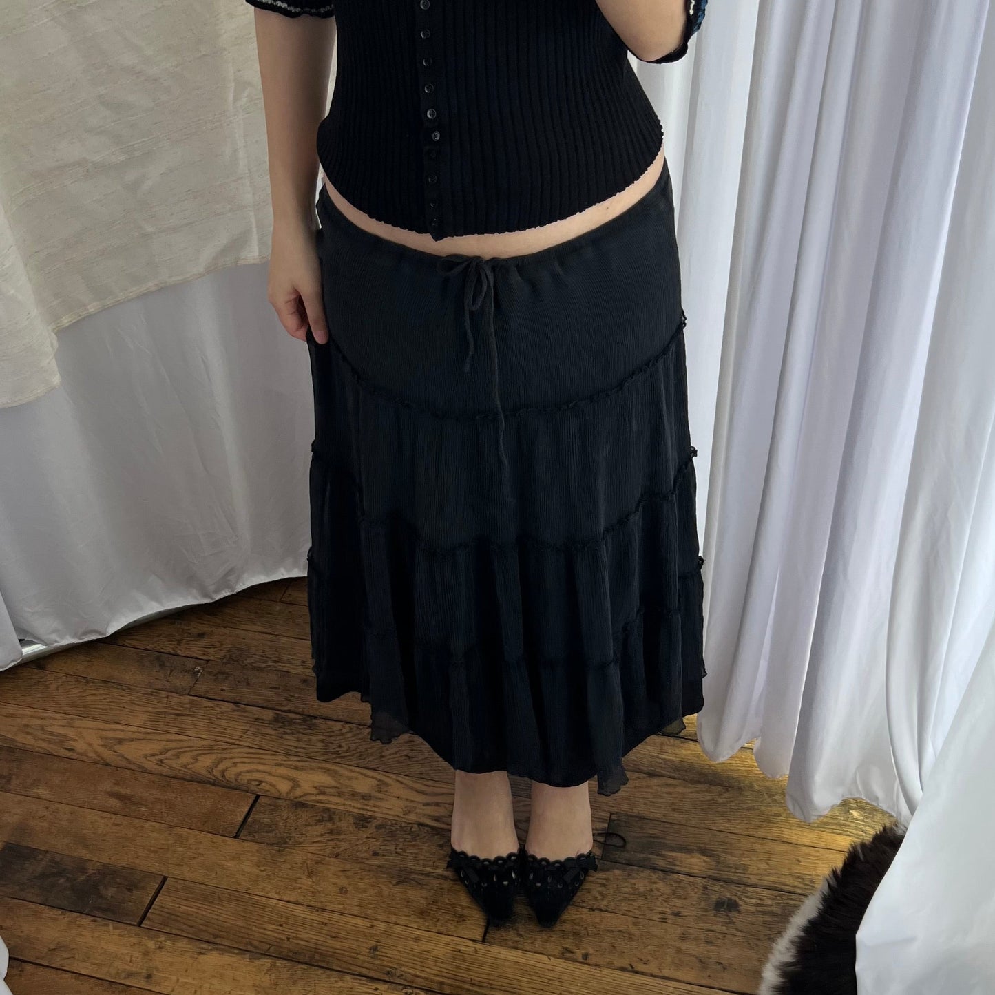 Express Black Silk Pleated Ruffle Flared Midi Skirt