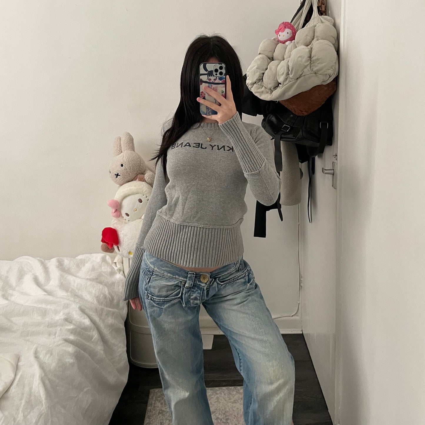 dkny light grey long sleeve ribbed hem long sleeve knit top