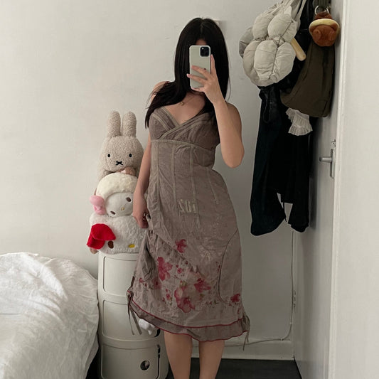 cop copine brown pink floral vintage graphic print wrap style bust midi dress