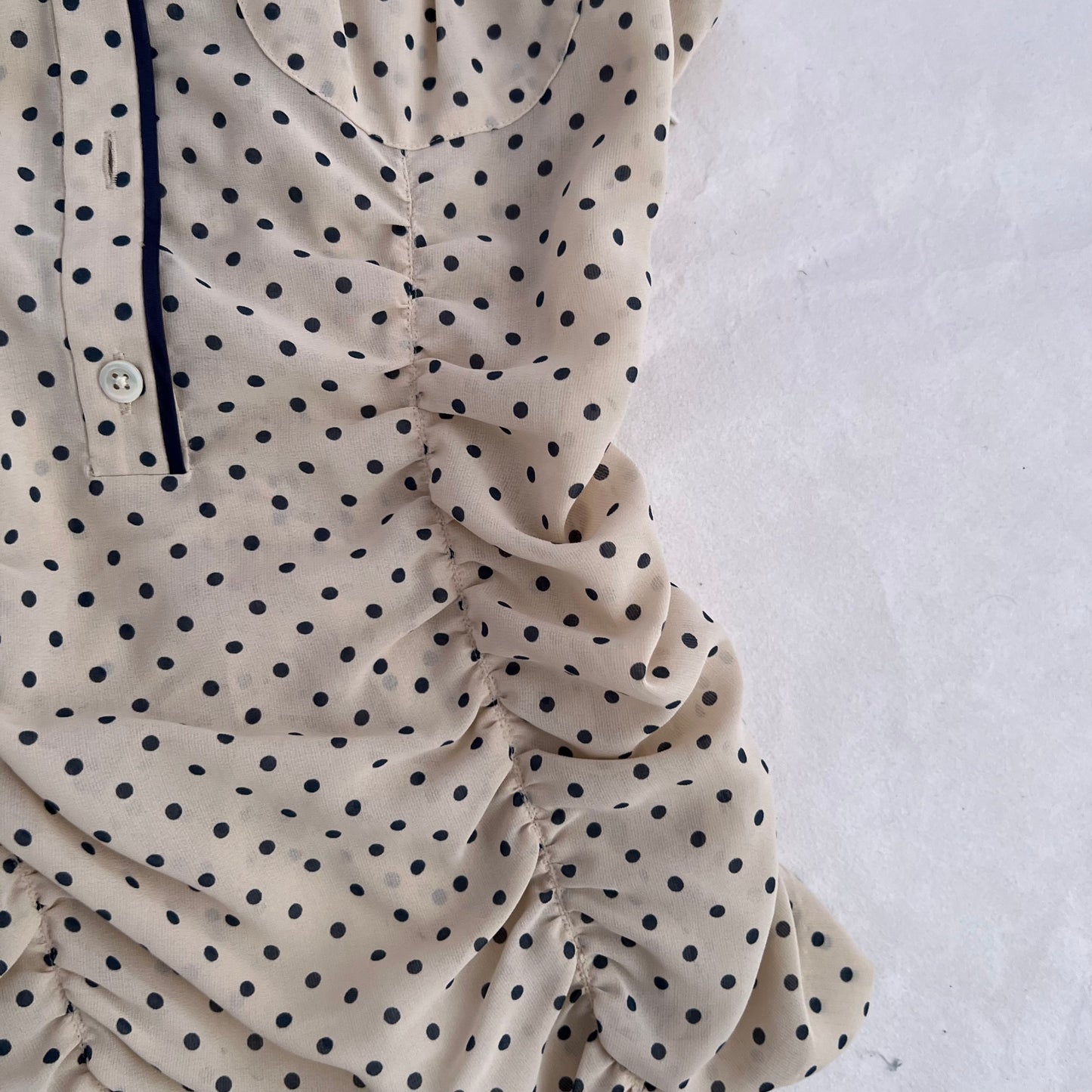 DKNY Ivory Cream Navy Polka Dot Ruched French Cap Sleeve Blouse