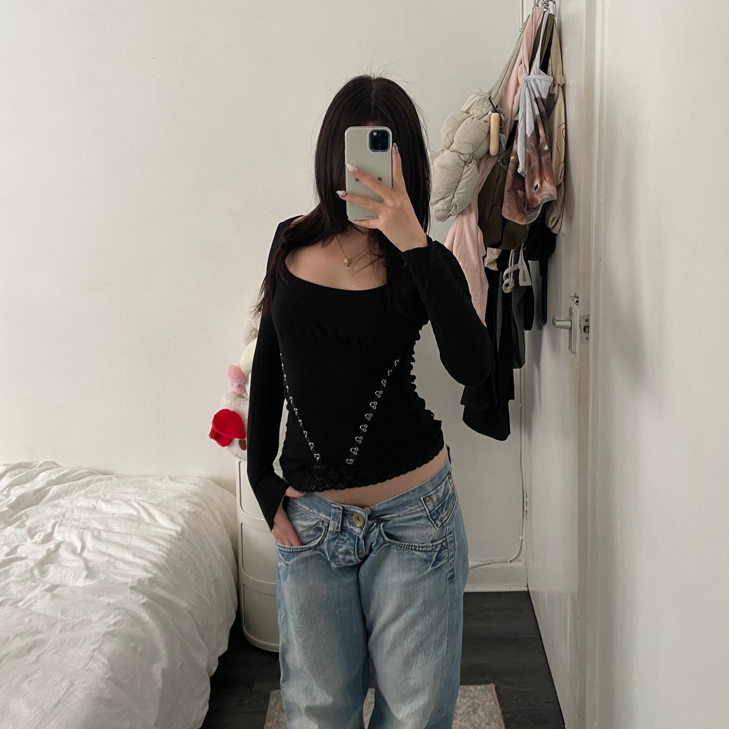 blumarine black wide neck hook and eye long sleeve graphic top