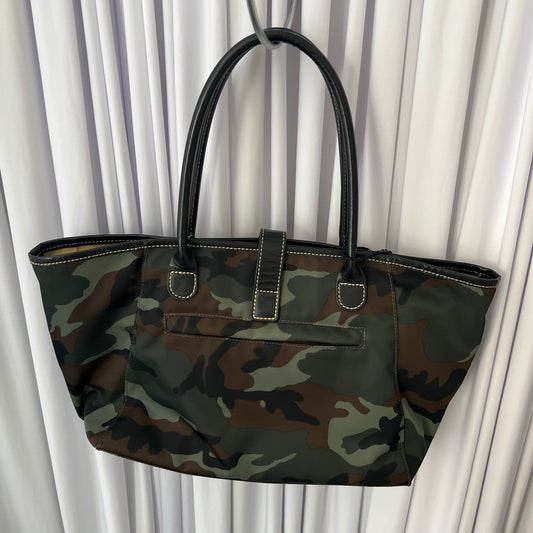 Nylon Leather Khaki Camo Buckle Front Tassel Keychain Tote Bag