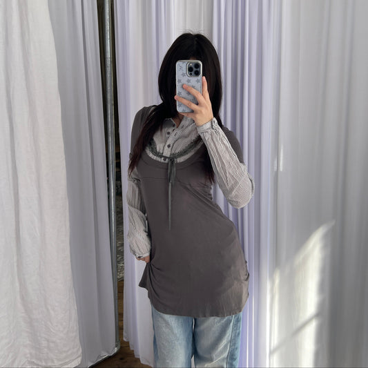 Grey Khaki Jennyfer Milkmaid Striped Lacey Collared Long Sleeve Blouse Two in One Dress