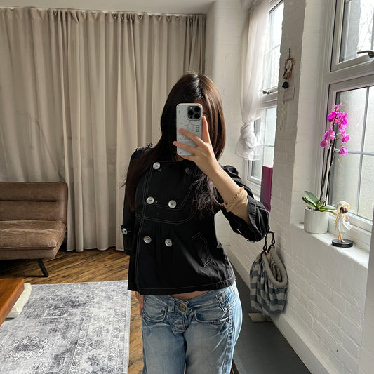 black 3/4 sleeve 3suisses corpcore crop silver button collared trench coat jacket