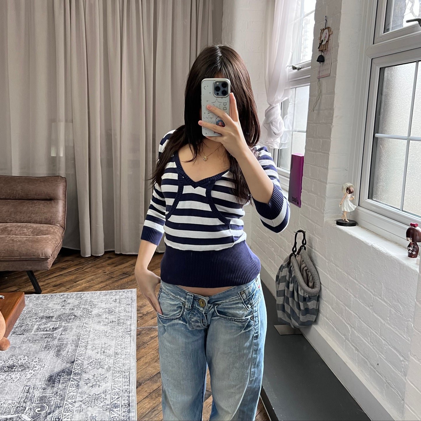 tally weiji white navy ribbed 3/4 sleeve sporty cropped knit sweater