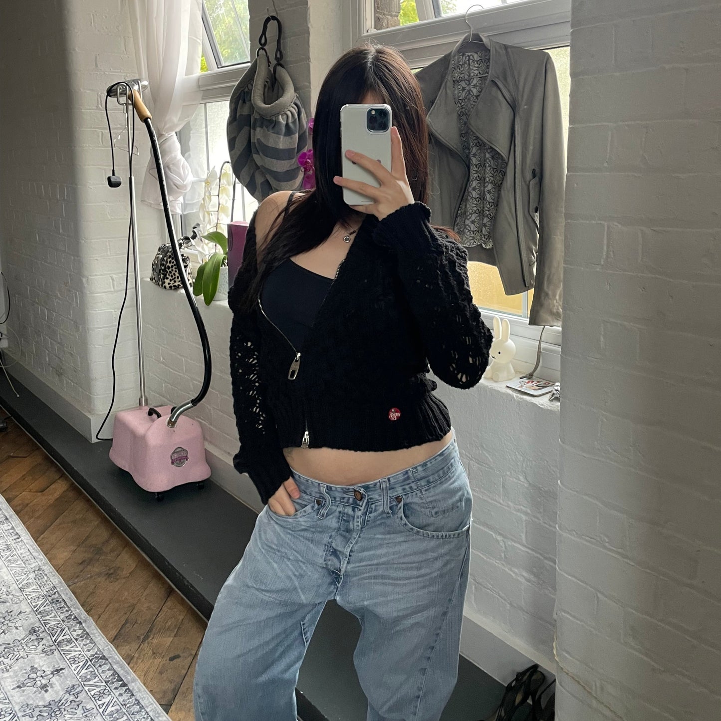 Miss Sixty黑色钩针重针织拉链开衫外套