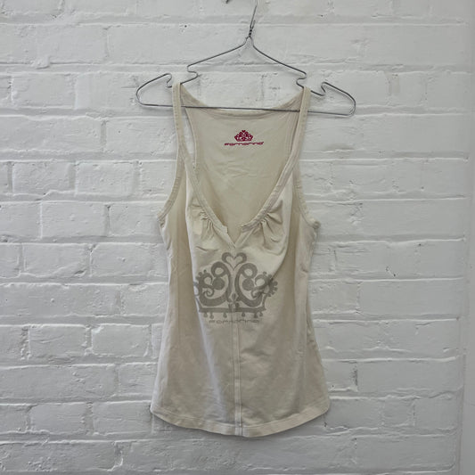 Fornarina Off White Grey Striped Crown Print Ruched Bust Tank Top
