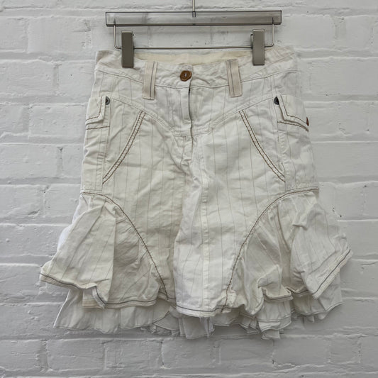 Marithe Francois Girbaud White Beige Striped Ruffle Flare Hem Denim Midi Skirt