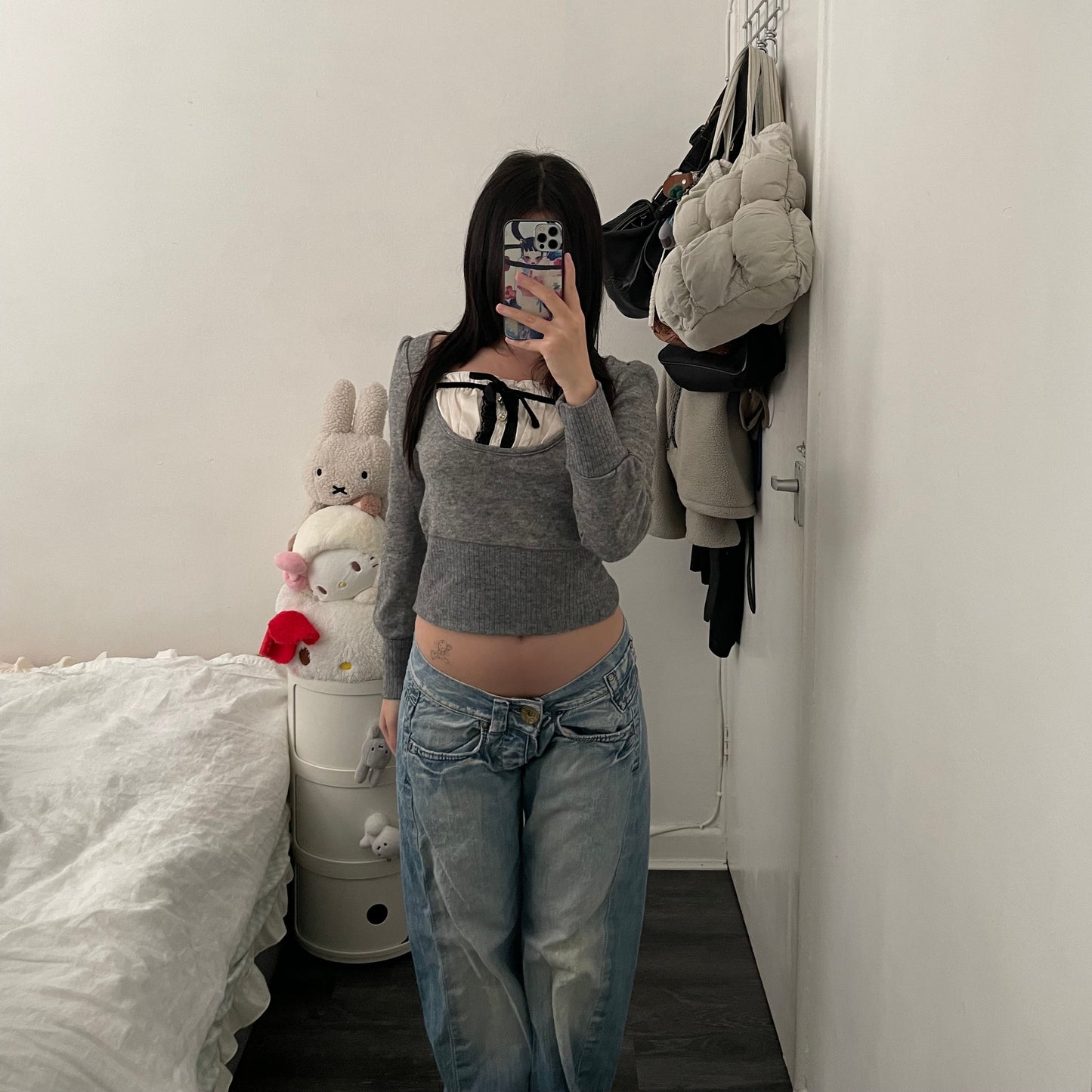 one way grey milkmaid style two in one layered knit