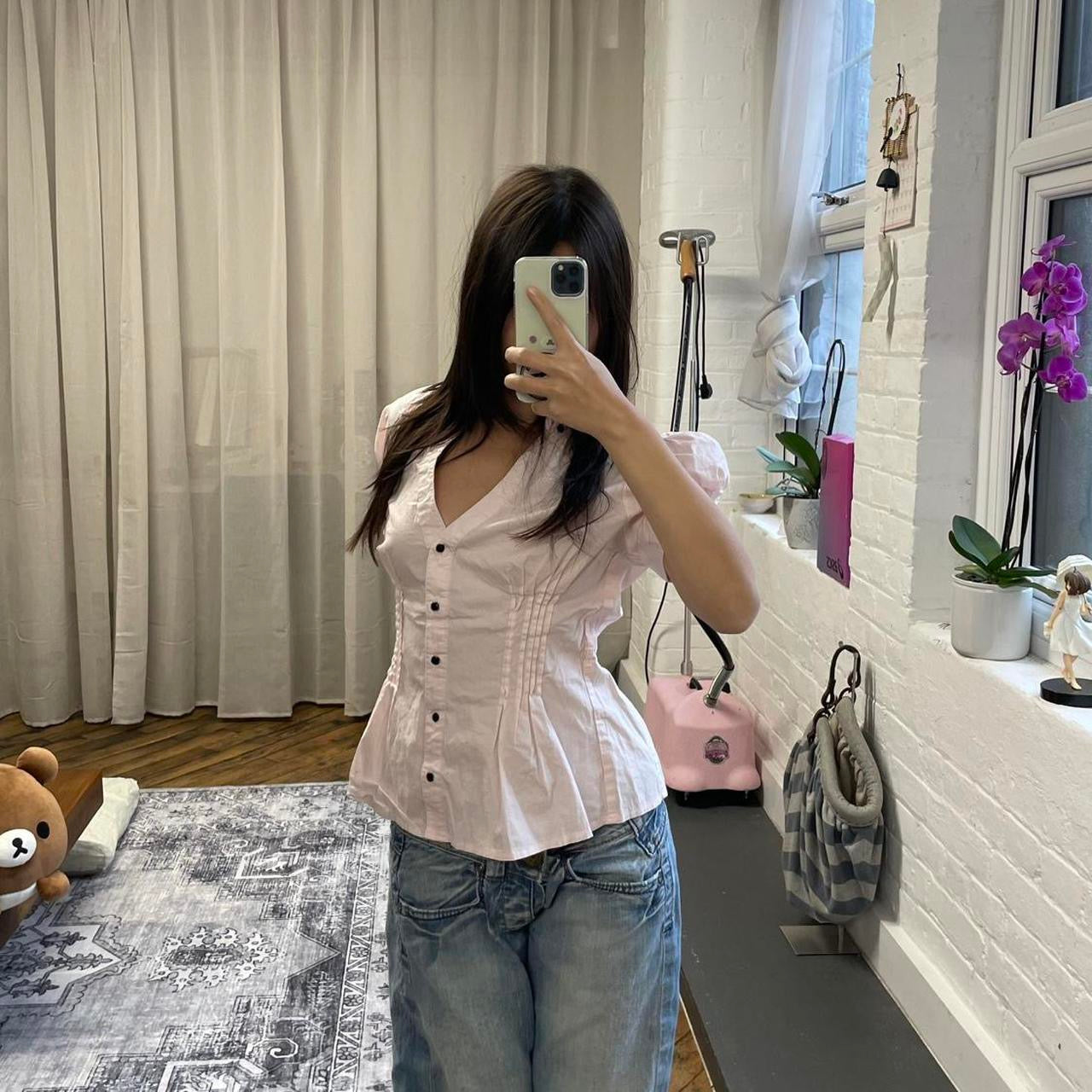 jennyfer preppy soft pink puff sleeve high neck blouse