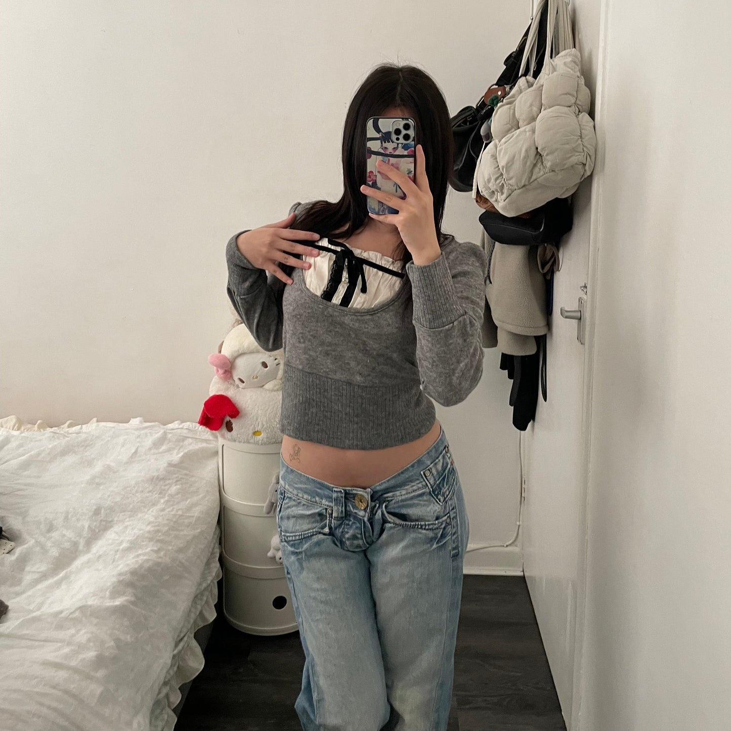 one way grey milkmaid style two in one layered knit