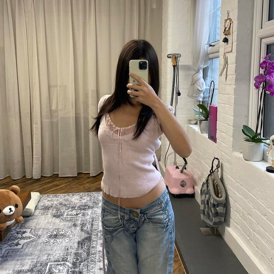 balletcore kookai baby pink short sleeve milkmaid ruched neckline ribbed body blouse