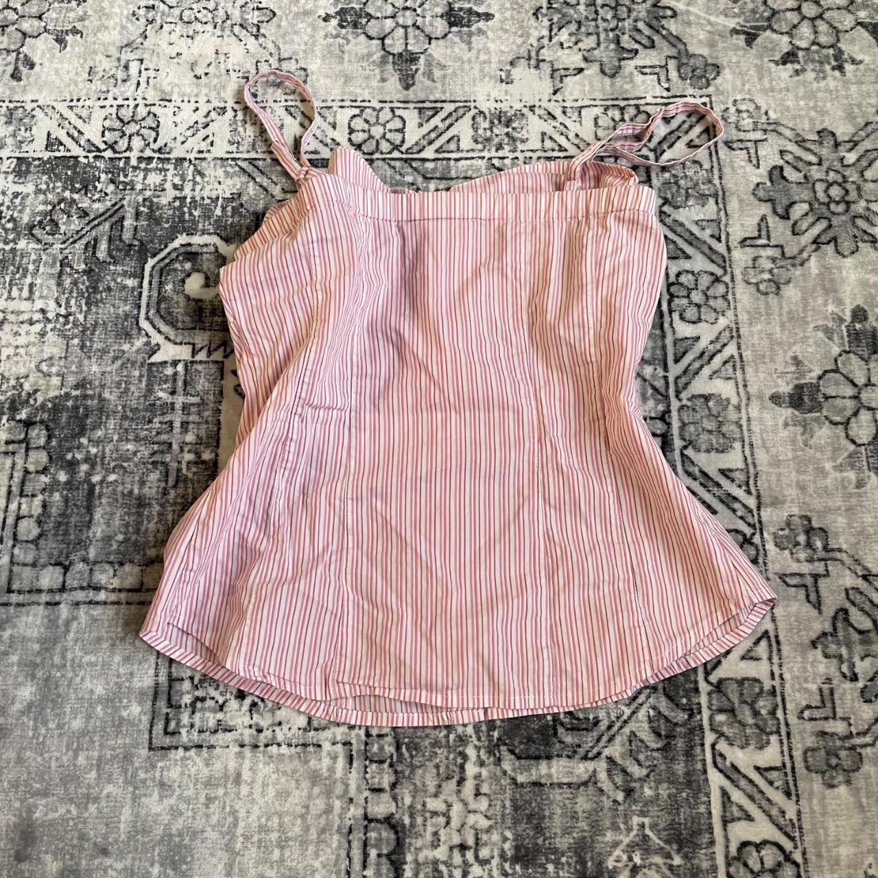 vintage coquette kocca baby pink pinstripe ruffle bust button down camisole