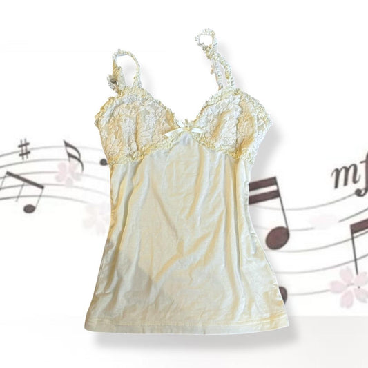 coquette cream pastel yellow lacey frilly liz lisa bow charm camisole