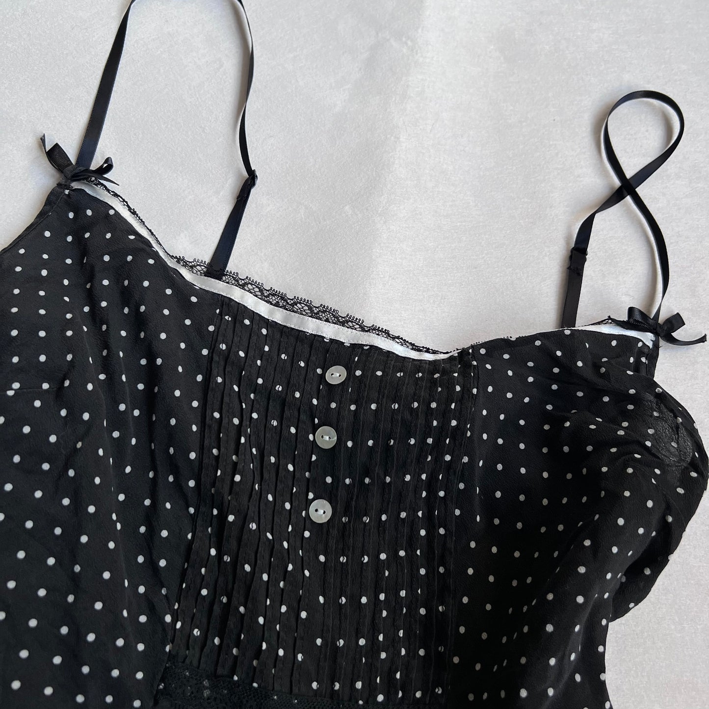 etam black sillk coquette balletcore polka dot camisole