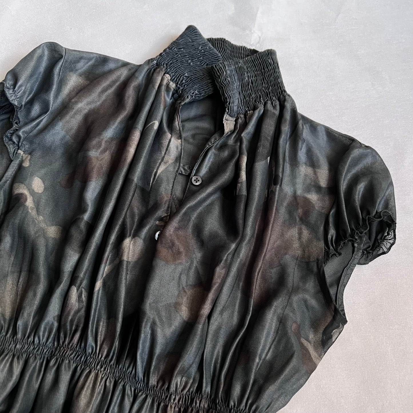 amy gee khaki brown camo chiffon puff sleeve high collared ruched blouson