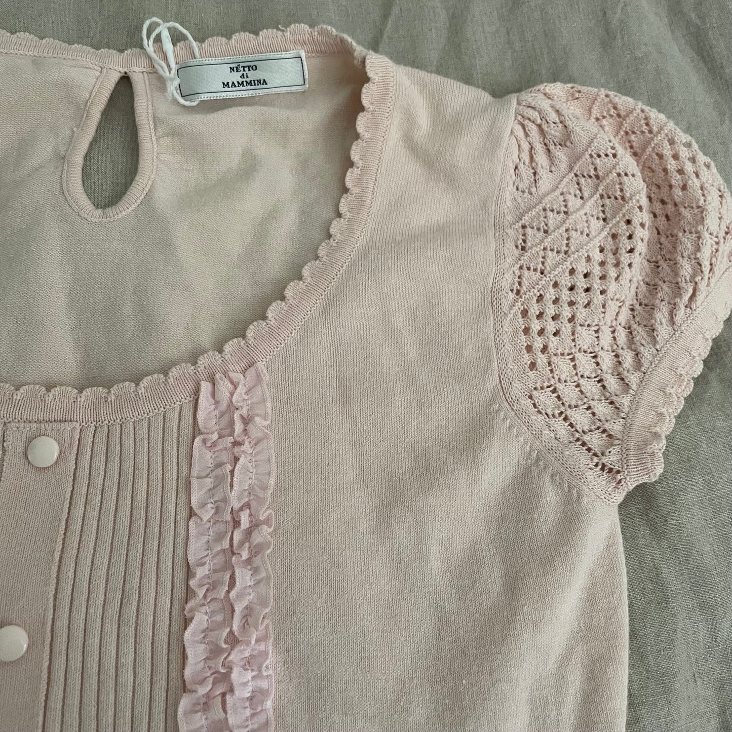 coquette netto di mammina soft pink crochet puff sleeves ribbed knit top