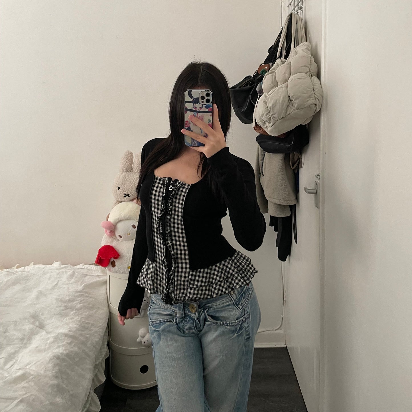 morgan dark academia black gingham ruffle hem long sleeve zip top