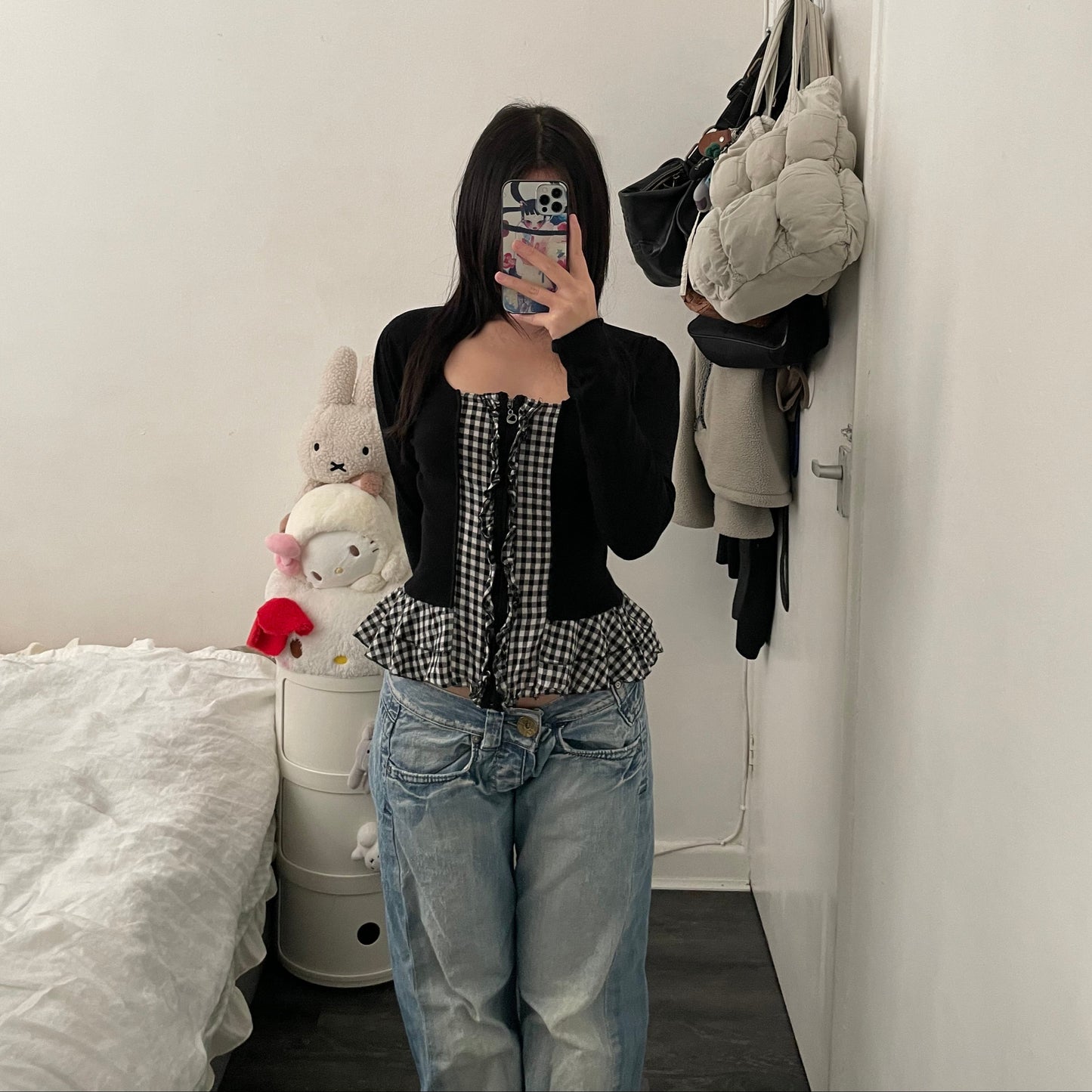 morgan dark academia black gingham ruffle hem long sleeve zip top